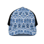 Blue And White Aztec Pattern Print Black Mesh Trucker Cap