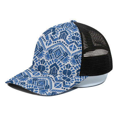 Blue And White Aztec Pattern Print Black Mesh Trucker Cap