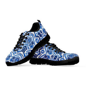 Blue And White Aztec Pattern Print Black Running Shoes