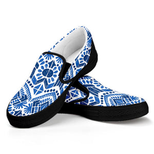Blue And White Aztec Pattern Print Black Slip On Sneakers