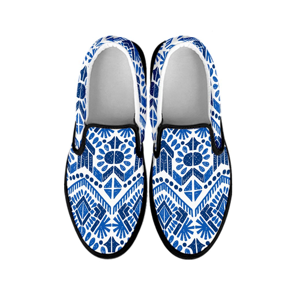 Blue And White Aztec Pattern Print Black Slip On Sneakers