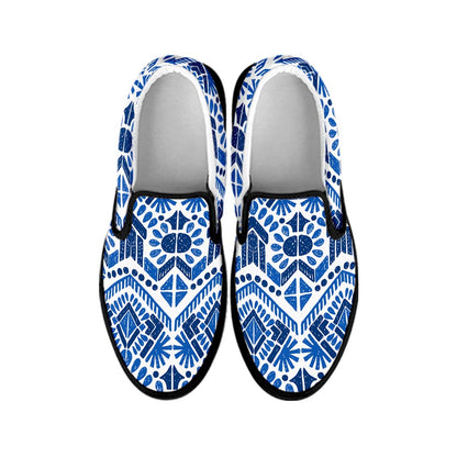 Blue And White Aztec Pattern Print Black Slip On Sneakers