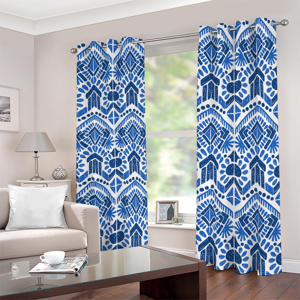 Blue And White Aztec Pattern Print Blackout Grommet Curtains