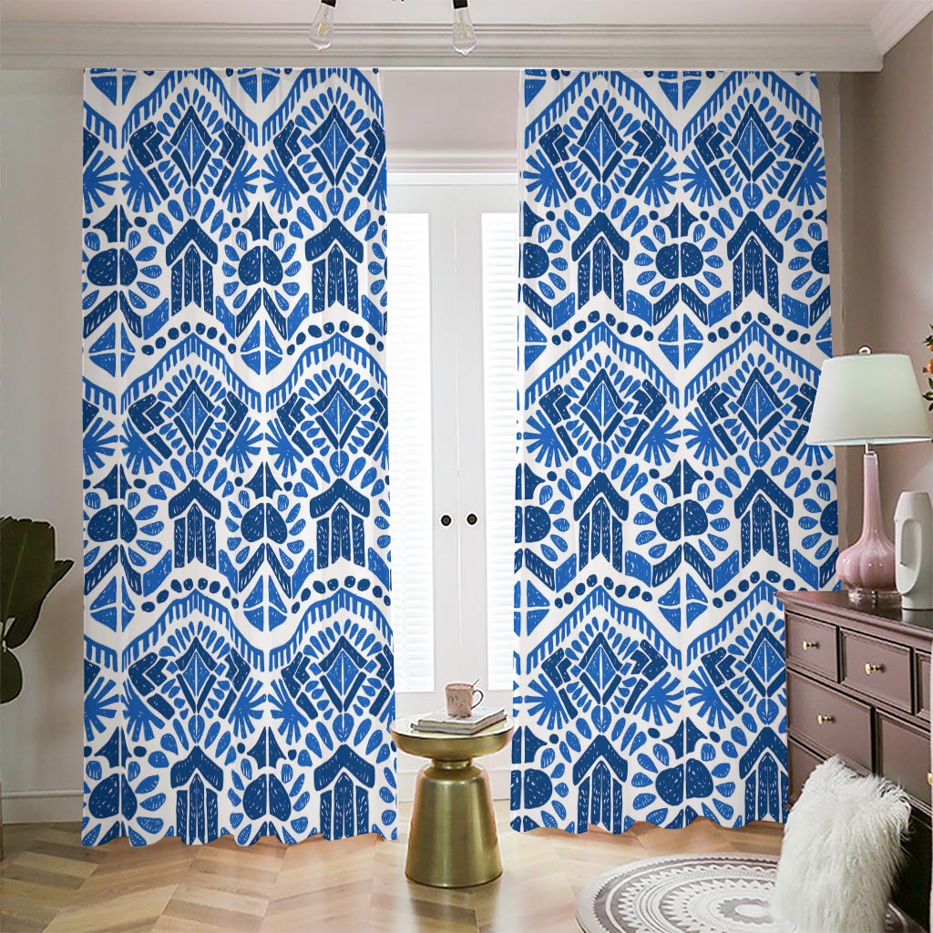 Blue And White Aztec Pattern Print Blackout Pencil Pleat Curtains