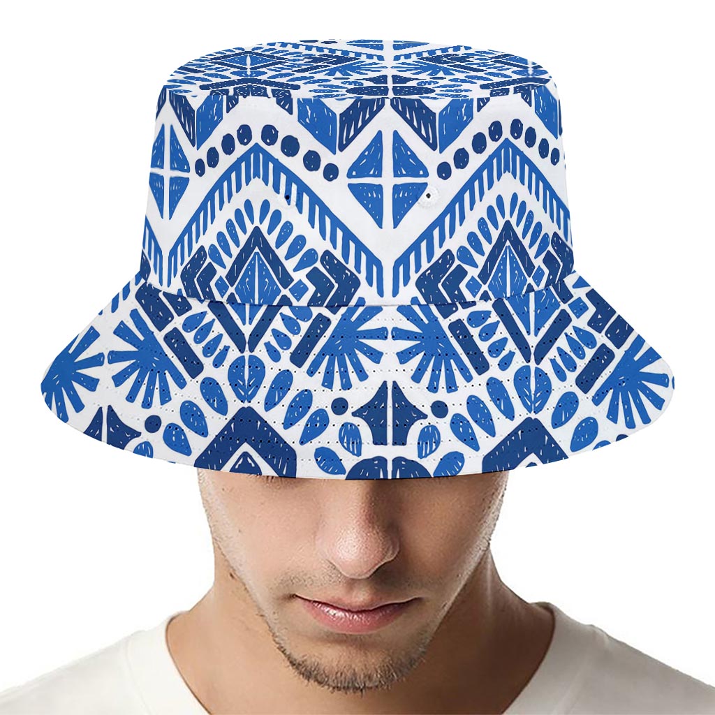 Blue And White Aztec Pattern Print Bucket Hat