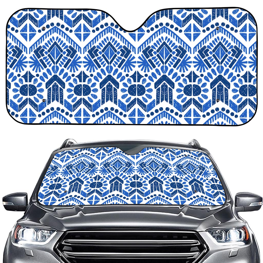 Blue And White Aztec Pattern Print Car Windshield Sun Shade