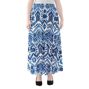 Blue And White Aztec Pattern Print Chiffon Maxi Skirt