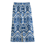 Blue And White Aztec Pattern Print Cotton Front Slit Maxi Skirt