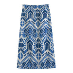 Blue And White Aztec Pattern Print Cotton Front Slit Maxi Skirt