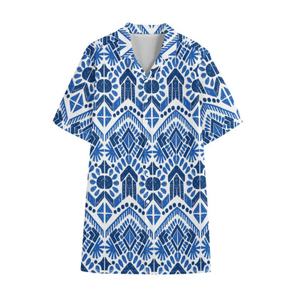 Blue And White Aztec Pattern Print Cotton Hawaiian Shirt