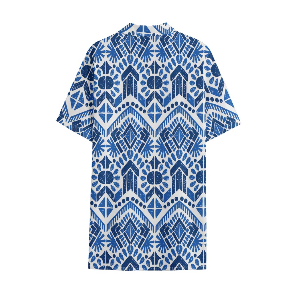 Blue And White Aztec Pattern Print Cotton Hawaiian Shirt