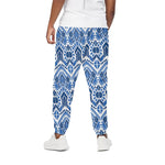 Blue And White Aztec Pattern Print Cotton Pants
