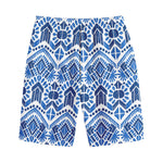 Blue And White Aztec Pattern Print Cotton Shorts