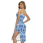 Blue And White Aztec Pattern Print Cross Back Cami Dress