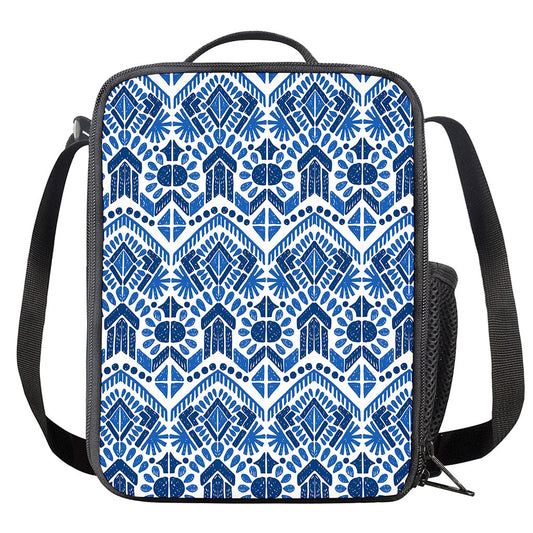 Blue And White Aztec Pattern Print Crossbody Lunch Bag