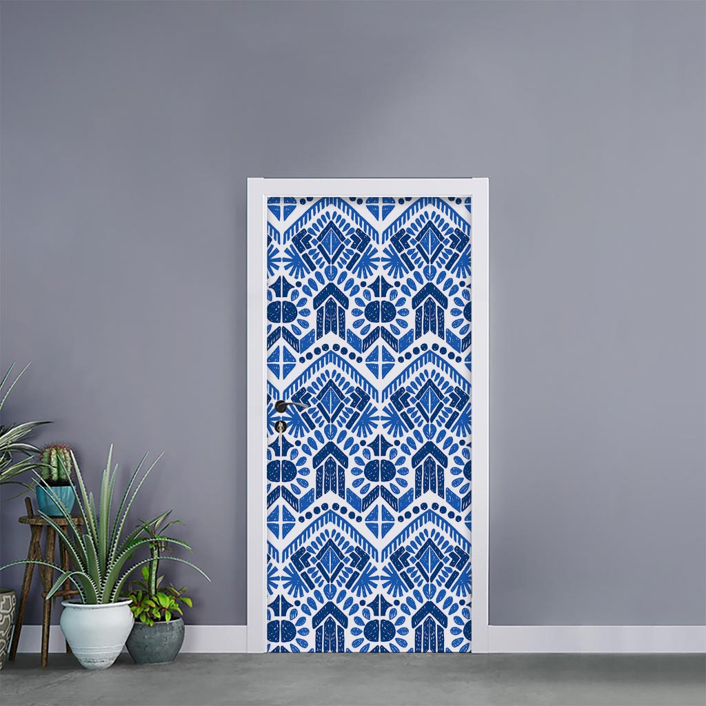 Blue And White Aztec Pattern Print Door Sticker