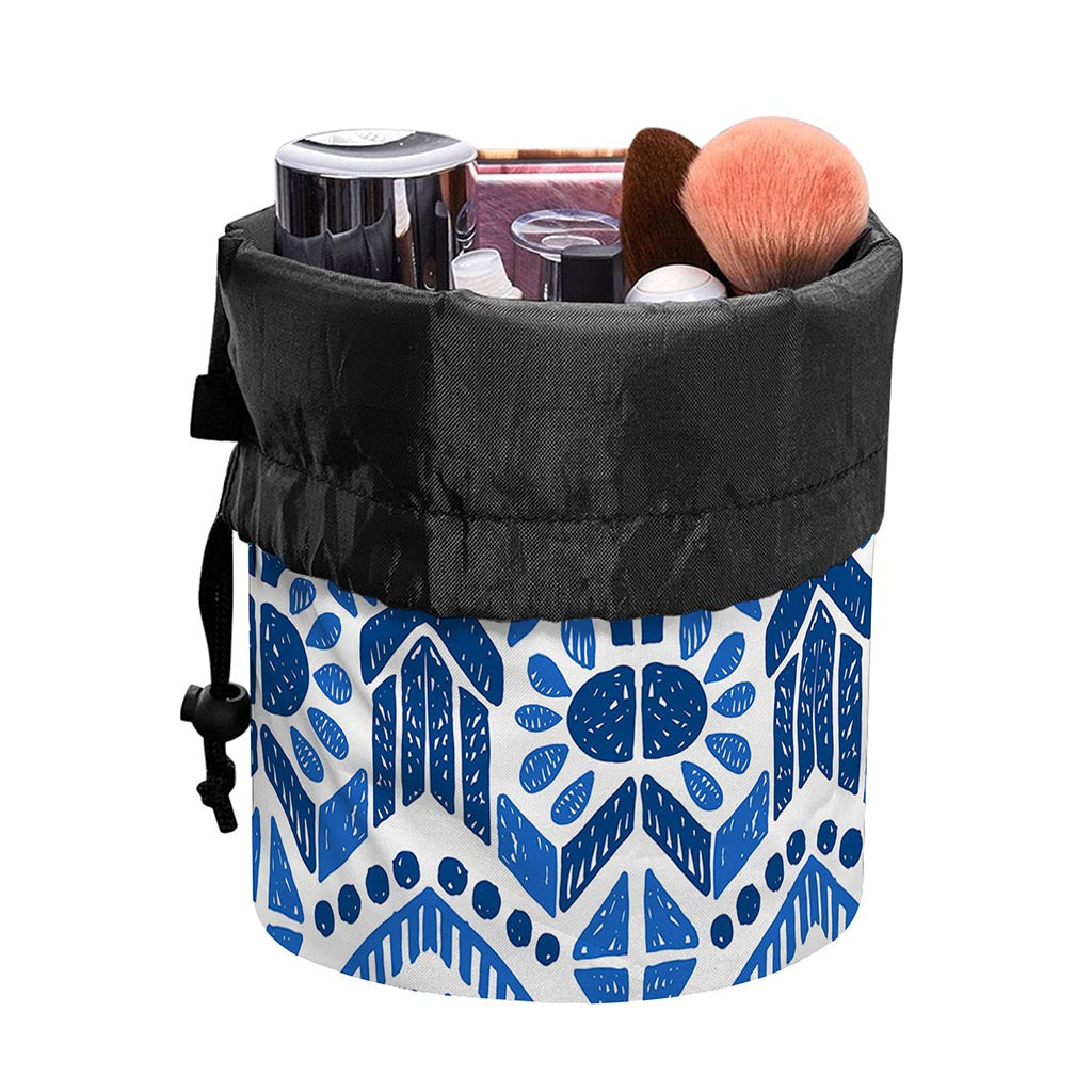 Blue And White Aztec Pattern Print Drawstring Makeup Bag