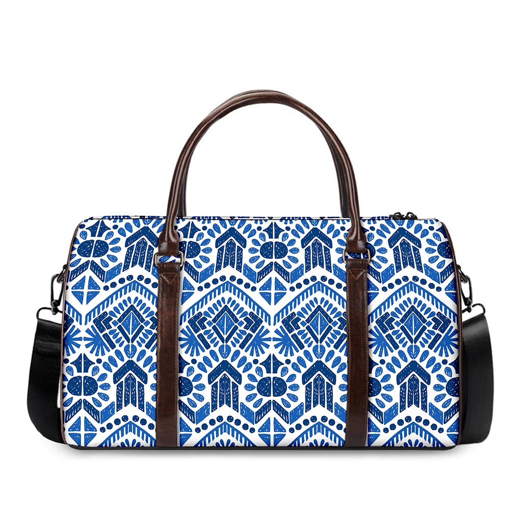 Blue And White Aztec Pattern Print Duffle Bag