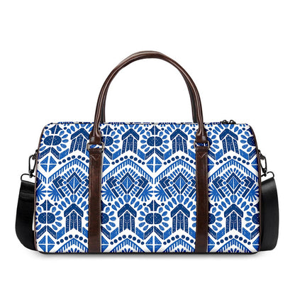 Blue And White Aztec Pattern Print Duffle Bag