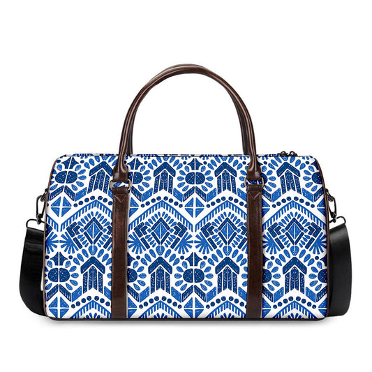 Blue And White Aztec Pattern Print Duffle Bag