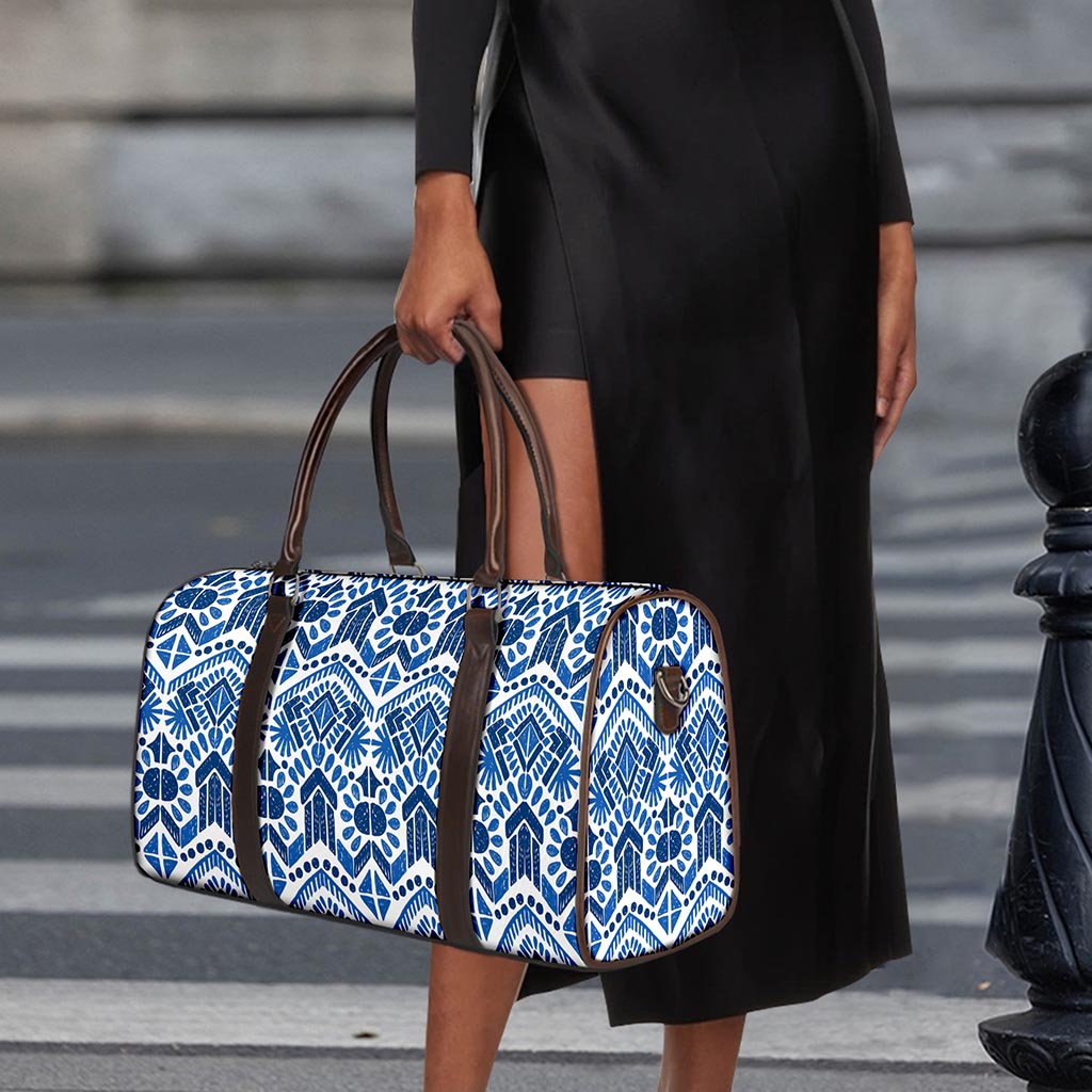 Blue And White Aztec Pattern Print Duffle Bag