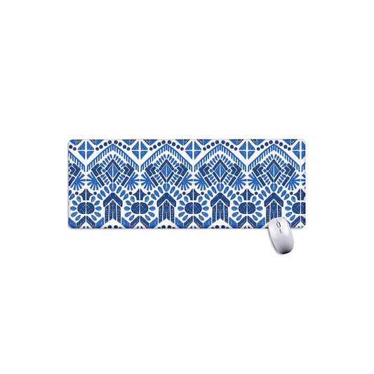 Blue And White Aztec Pattern Print Extended Mouse Pad