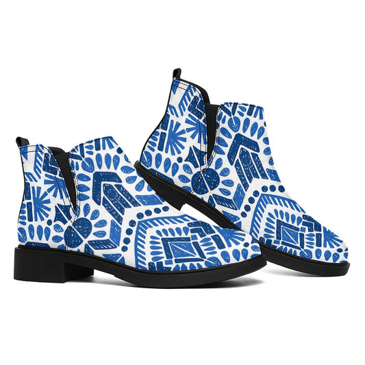 Blue And White Aztec Pattern Print Flat Ankle Boots