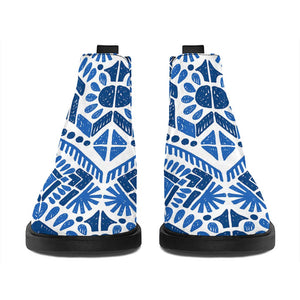 Blue And White Aztec Pattern Print Flat Ankle Boots