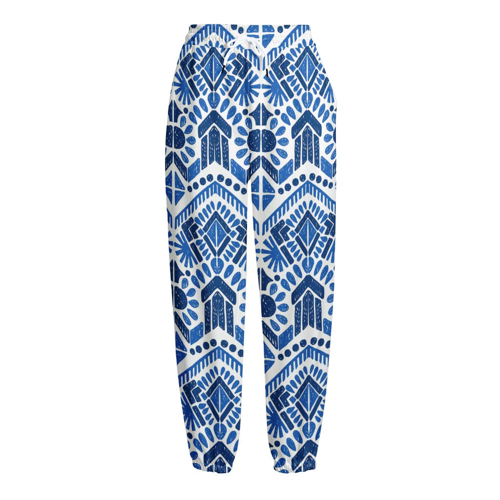 Blue And White Aztec Pattern Print Fleece Lined Knit Pants