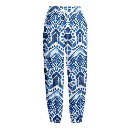 Blue And White Aztec Pattern Print Fleece Lined Knit Pants