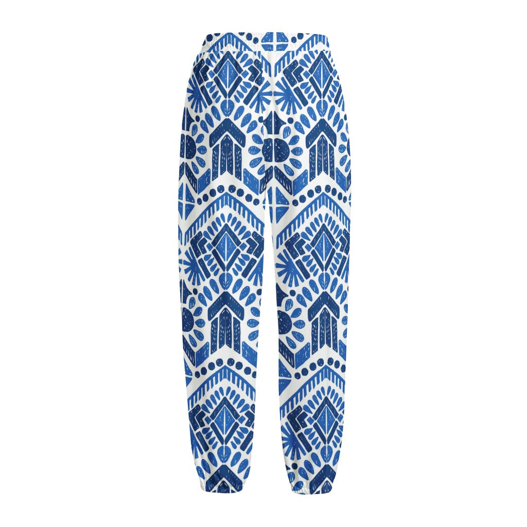 Blue And White Aztec Pattern Print Fleece Lined Knit Pants