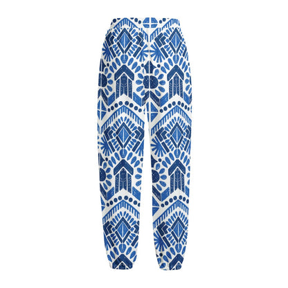 Blue And White Aztec Pattern Print Fleece Lined Knit Pants
