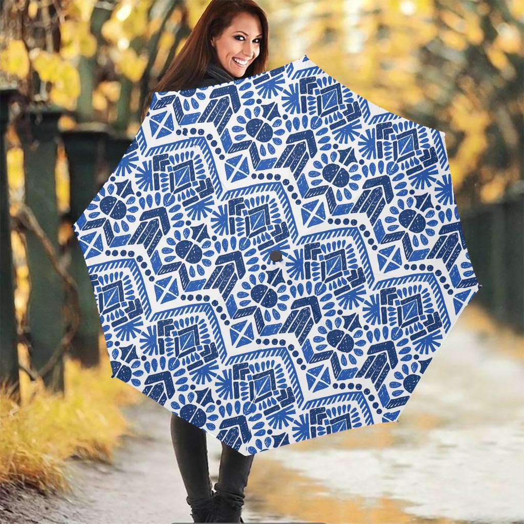 Blue And White Aztec Pattern Print Foldable Umbrella
