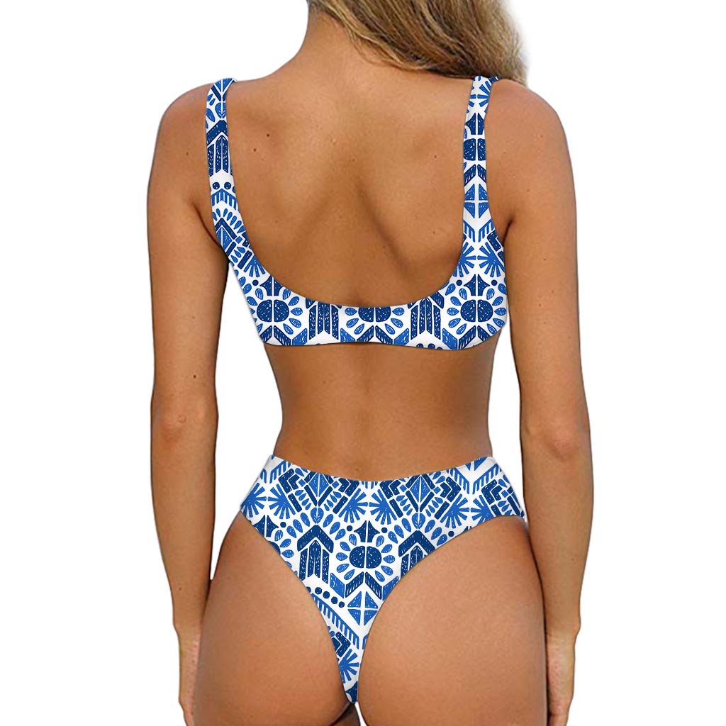 Blue And White Aztec Pattern Print Front Bow Tie Bikini