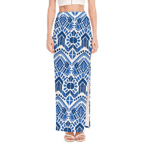 Blue And White Aztec Pattern Print High Slit Maxi Skirt