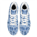 Blue And White Aztec Pattern Print High Top Leather Sneakers