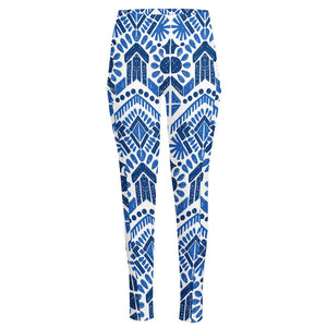 Blue And White Aztec Pattern Print High-Waisted Pocket Leggings