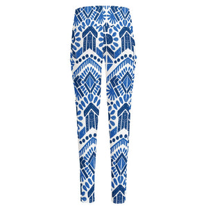 Blue And White Aztec Pattern Print High-Waisted Pocket Leggings