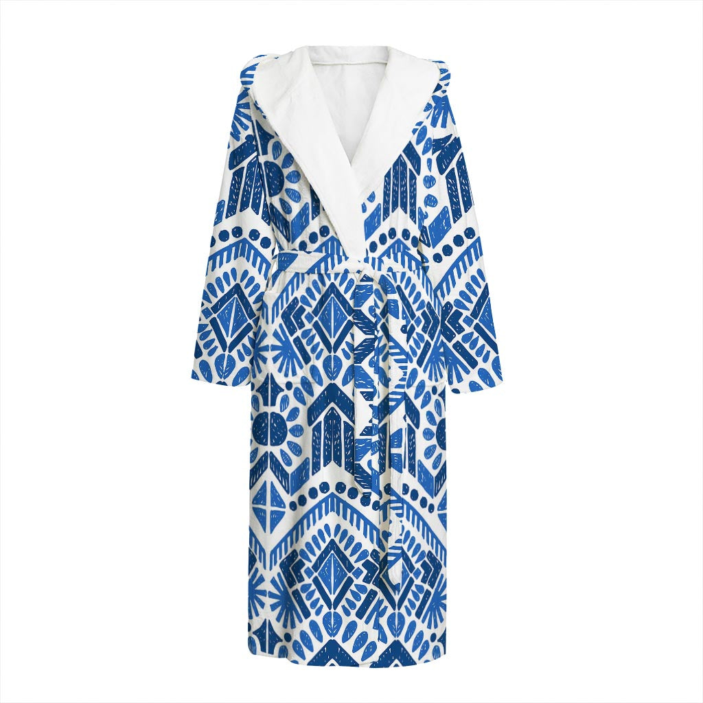 Blue And White Aztec Pattern Print Hooded Bathrobe