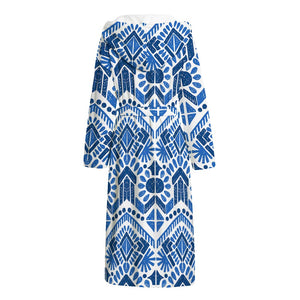 Blue And White Aztec Pattern Print Hooded Bathrobe