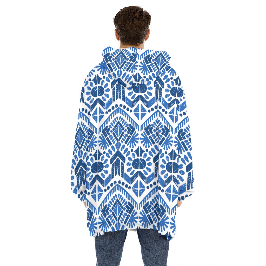 Blue And White Aztec Pattern Print Hoodie Blanket