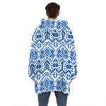 Blue And White Aztec Pattern Print Hoodie Blanket