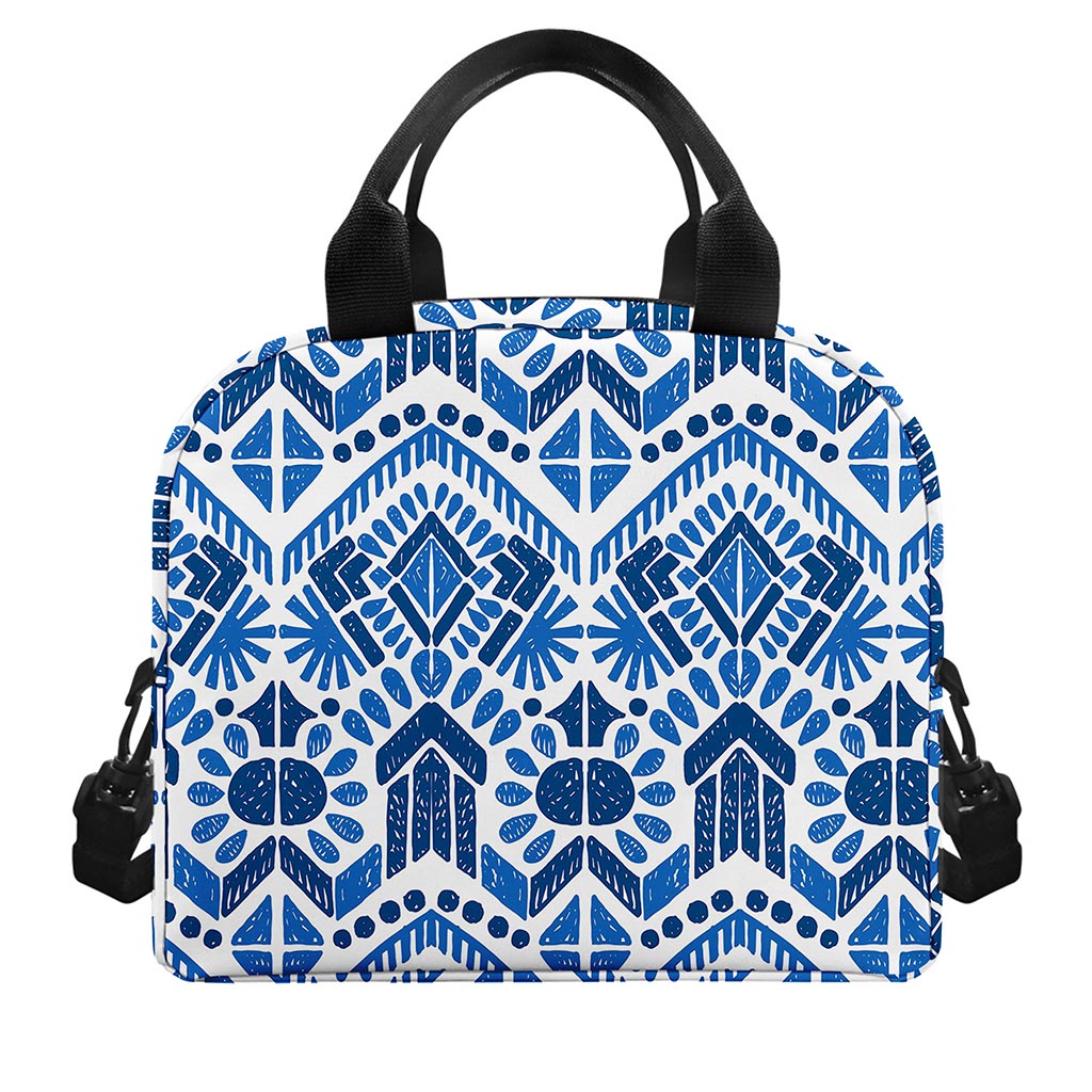 Blue And White Aztec Pattern Print Insulated Lunch Bag