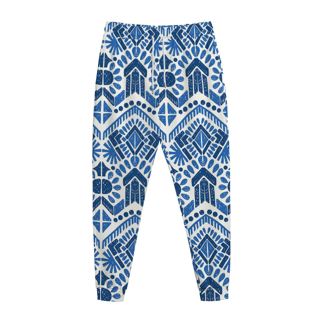 Blue And White Aztec Pattern Print Jogger Pants