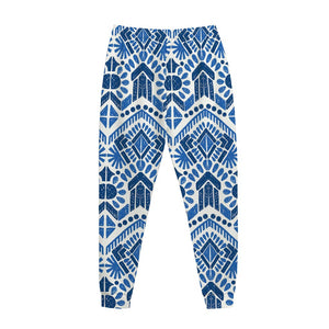 Blue And White Aztec Pattern Print Jogger Pants