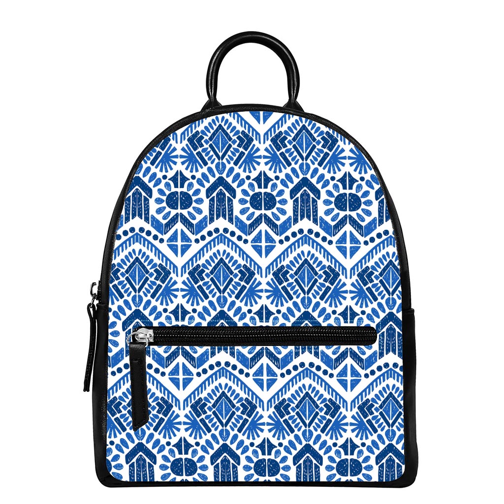 Blue And White Aztec Pattern Print Leather Backpack