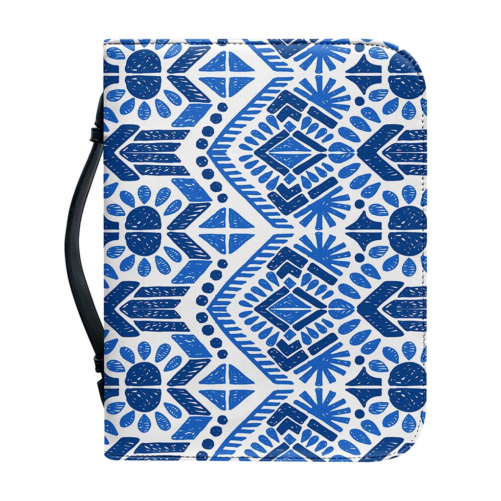 Blue And White Aztec Pattern Print Leather Bible Cover