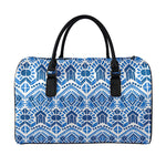 Blue And White Aztec Pattern Print Leather Duffle Bag