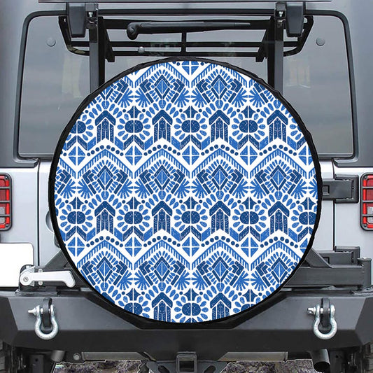 Blue And White Aztec Pattern Print Leather Spare Tire Cover