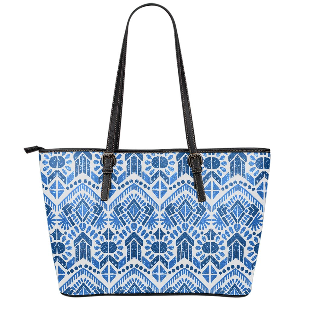 Blue And White Aztec Pattern Print Leather Tote Bag